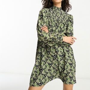 Whistles Shirred Smock Dress In Green And Pink Smudge